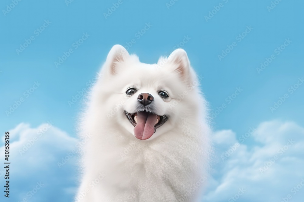 Groomed happy white color spitz dog on blue pastel sky background with fluffy clouds with copy space Generative AI Groomed happy white color spitz dog on blue pastel sky background with fluffy clouds with copy space Generative AI
