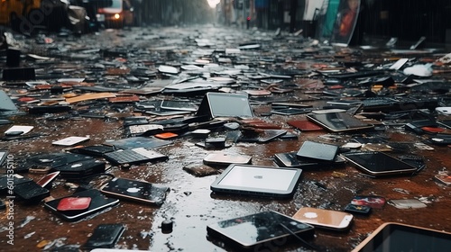 Discarded cellphones, mobile phones, and other electronics on the street. Technological obsolescence concept. Overuse of technology concept. Technology dependence concept. Generative AI.