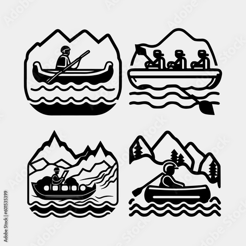 Vector illustration: Silhouette of rafting team on river