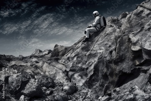 man sitting on the summit of a mountain, overlooking a scenic valley Generative AI