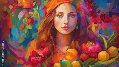 Canvas Print Chromatic Grace: Mary Magdalene's Vibrant Portrait (Generative AI)