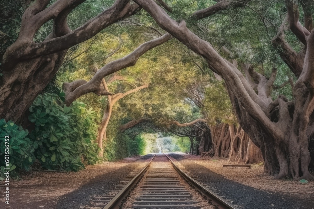 train track passing through a tunnel surrounded by trees Generative AI