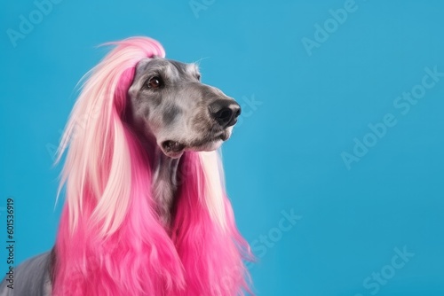 Afghan Hound with pink fur sitting on turquoise background with free space Generative AI