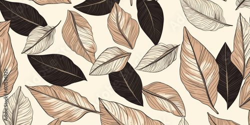 simple sketch pattern of leaves on a delicate beige-white background. Generative AI