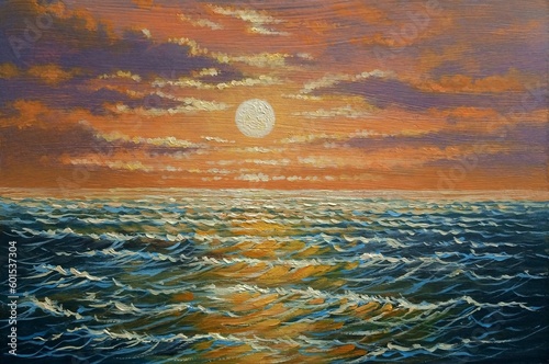 Oil paintings sea landscape, waves at sunset, waves on the sea. Fine art, artwork