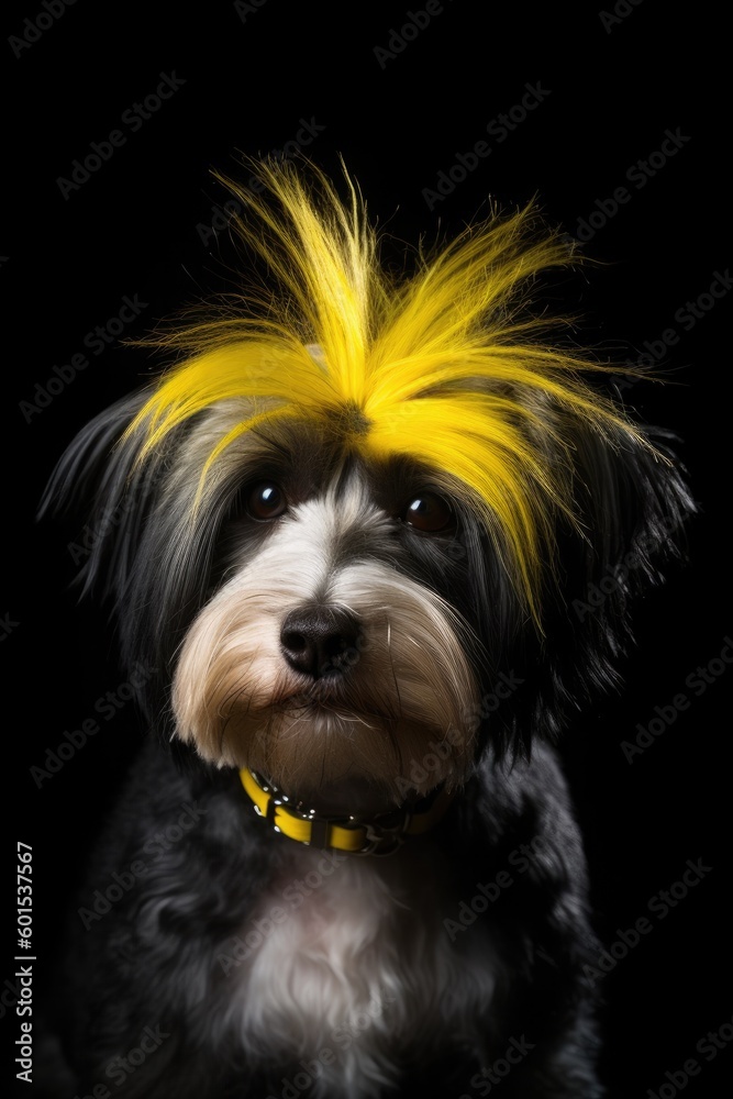 Havanese with a yellow mohawk on his head on a black background Generative AI