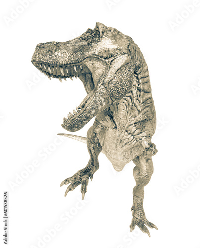 t-rex on blood is angry and looking for food in white background