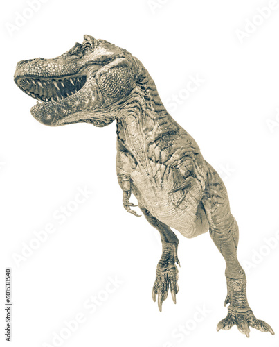 t-rex on blood is standing up in white background