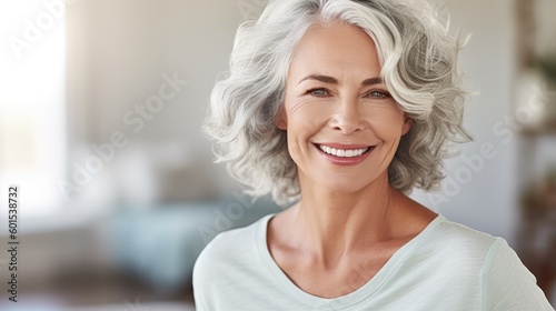 Smiling attractive mature woman looking at the camera. Generative AI