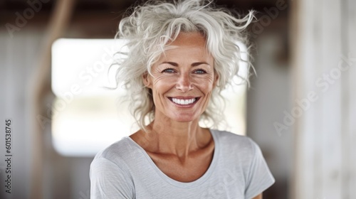 Smiling attractive mature woman looking at the camera. Generative AI © Adriana