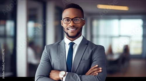 Smiling confident mature black businessman looking at camera standing in office. Elegant stylish corporate leader successful ceo executive manager wearing glasses. Generative ai © Adriana