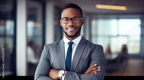 Smiling confident mature black businessman looking at camera standing in office. Elegant stylish corporate leader successful ceo executive manager wearing glasses. Generative ai