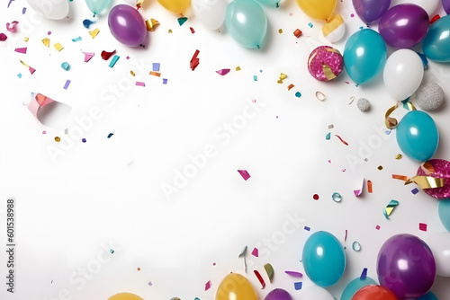 Variety of birthday party supplies on white background, Generative AI
