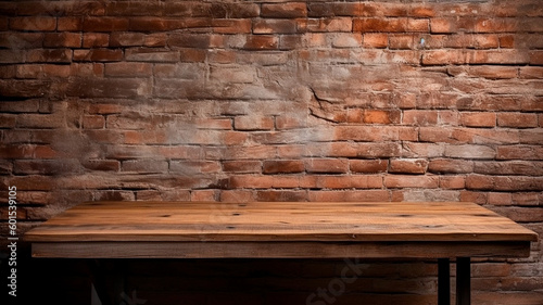 Background for still lifes and other compositions, an empty rustic brown wooden table against a brick wal. Generative AI photo