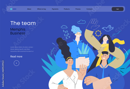 Memphis business illustration - our team, header. Flat style modern outlined vector concept illustration. Group of people, creaw, standing together. Corporate teamwork business metaphor.