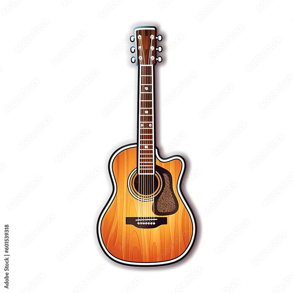 Cartoon sticker of an acoustic guitar over white background. Generative AI illustration
