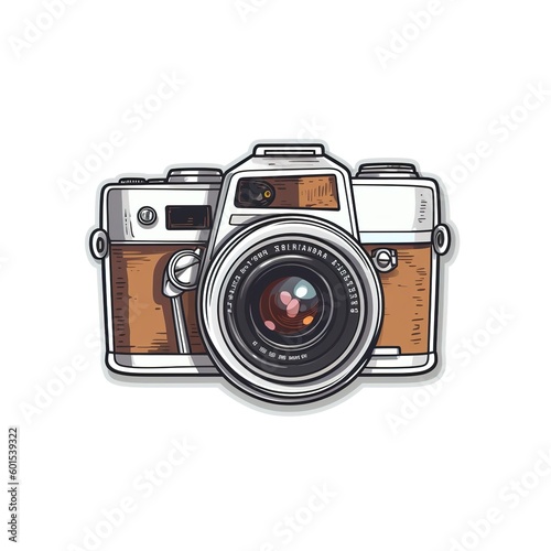 Cartoon sticker of a vintage analog camera over white background. Generative AI illustration