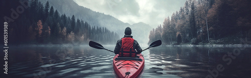 Billede på lærred Generative Ai image of a person kayaking on open water