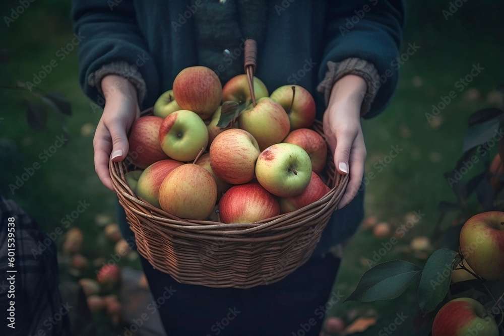 Generative Ai image of a hands holding a basket of apples