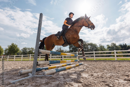 Female rider on chestnut horse jumping over a hurdle at the equestrian center on a sunny summer day. Equitation sport concept.