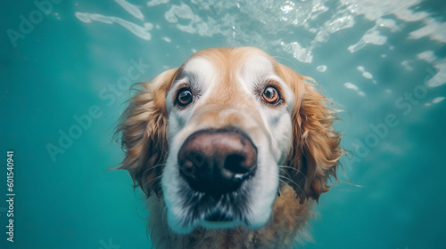 Generative Ai image of a cute golden retriever swimming under water