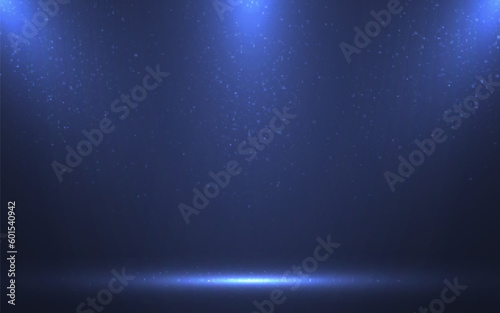 Background spotlights. Award ceremony with glitter. Promotion design concept. Empty stage with light and particles. Product display template. Vector illustration
