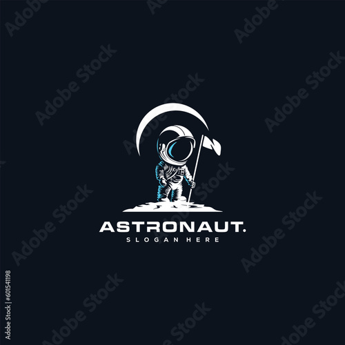 Astronaut holding American flag on lunar surface with earth and space background.