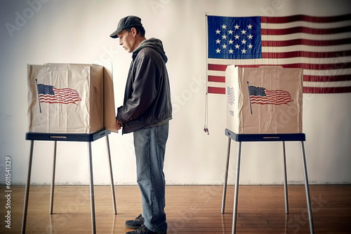 An American from a rural area casts his vote at a polling station. Ai generated. photo