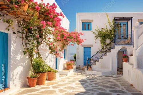 A sunny street in a traditional maritime Greek village. Ai generated.