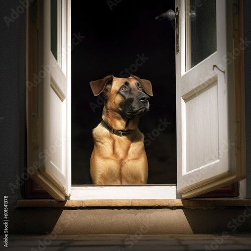 A dog guards the house, watching from the entrance. Ai generated.