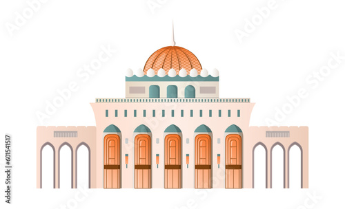 Traditional Oman building. Oriental architecture, exterior and facade. Historical landmark, large white marble temple or building with orange dome. Cartoon flat vector illustration