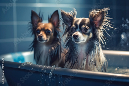 Generative AI image of chihuahuas bathing in a sink