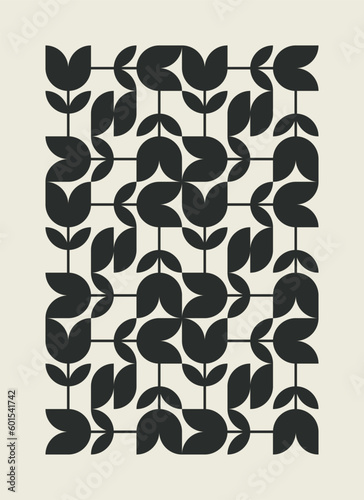 Geometric floral pattern in trendy bauhaus style.Vector illustration. Design for decor with abstract elements: flowers and leaves.