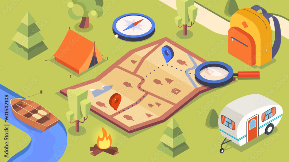 Travel isometric composition. Map with compass and magnifying glass ...