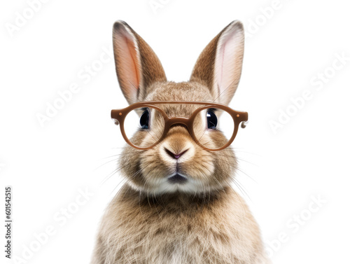 rabbit wearing small round glasses with a curious look isolated on a transparent background, generative ai © Perfect PNG