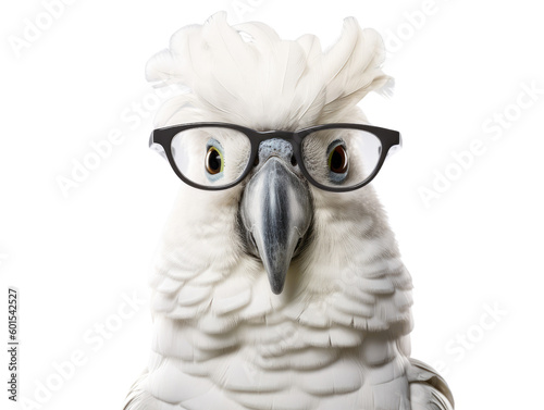 cockatoo with small square glasses and a slight grin isolated on a transparent background, generative ai © Perfect PNG