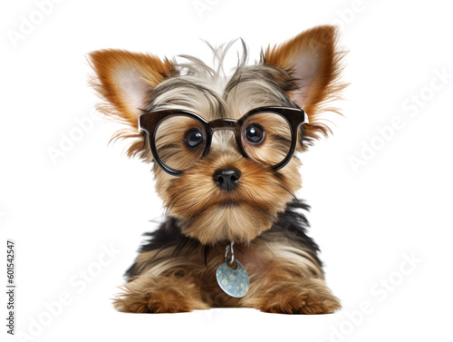 yorkshire terrier puppy wearing glasses isolated on a transparent background, generative ai © Perfect PNG