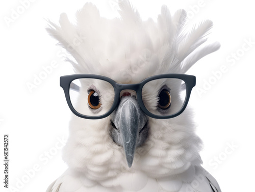a cockatoo with small square glasses and a slight grin isolated on a transparent background, generative ai © Perfect PNG