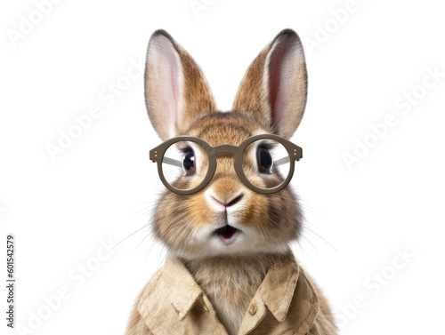 adorable rabbit wearing small round glasses with a curious look isolated on a transparent background, generative ai