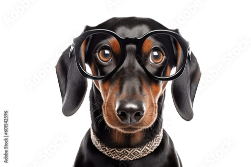 cute dachshund with a pair of glasses and a cheerful look isolated on a transparent background, generative ai © Perfect PNG