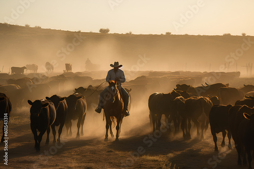 Vászonkép Cattle are being herded by cowboy - AI Technology