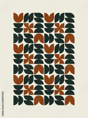 Geometric floral pattern in trendy bauhaus style.Vector illustration. Design for decor with abstract elements: flowers and leaves.