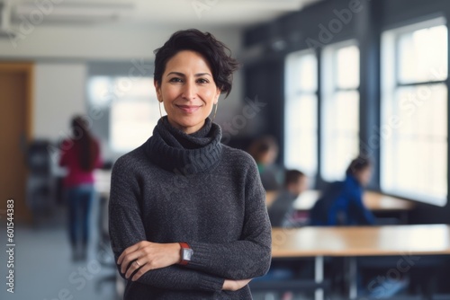 Medium shot portrait photography of a pleased woman in her 40s wearing a cozy sweater against a classroom or educational setting background. Generative AI