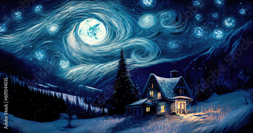 Small house surrounded by a snowstorm on a starry night. Reflects a romantic and cozy character. Generative AI