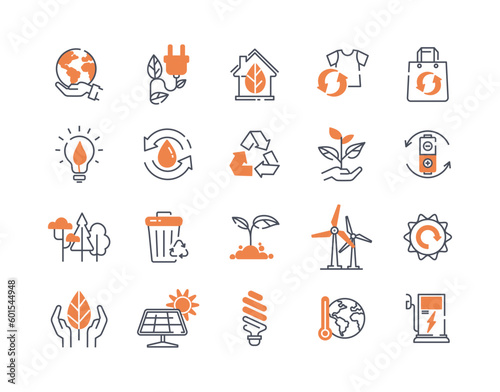 Ecology orange icons set. Recycling and reuse, garbage sorting. Alternative energy sources and windmills. Fight against global warming. Cartoon flat vector illustrations isolated on white background