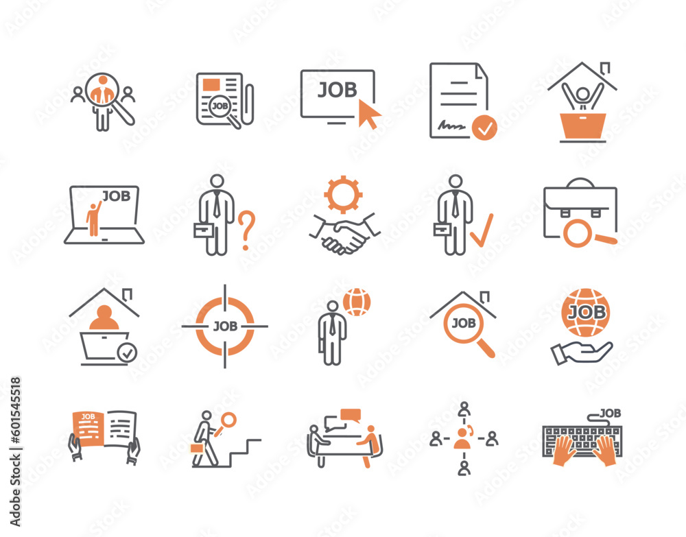 Employment linear icons set. Search for employee and worker, HR manager at interview with candidate at vacancy. Partners and colleagues. Cartoon flat vector illustrations isolated on white background Employment linear icons set. Search for employee and worker, HR manager at interview with candidate at vacancy. Partners and colleagues. Cartoon flat vector illustrations isolated on white background