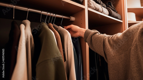Hand of an unrecognizable woman choosing clothes from the closet. Generative AI