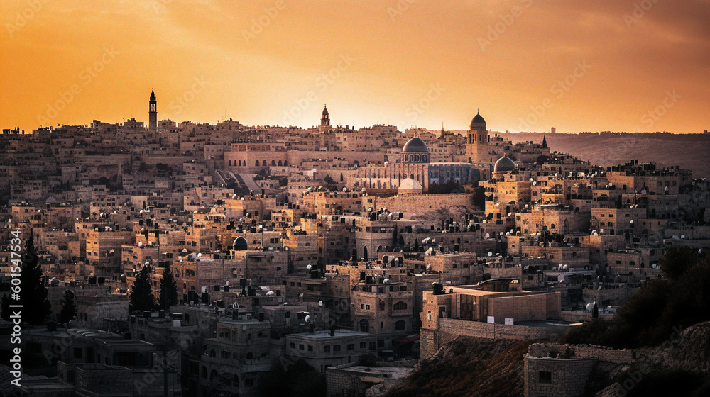 Obraz premium wide view of jerusalem at sunset - generative AI