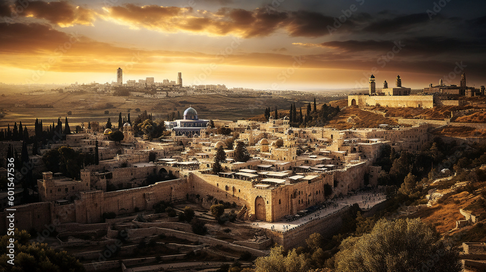 Naklejka premium wide view of jerusalem at sunset - generative AI