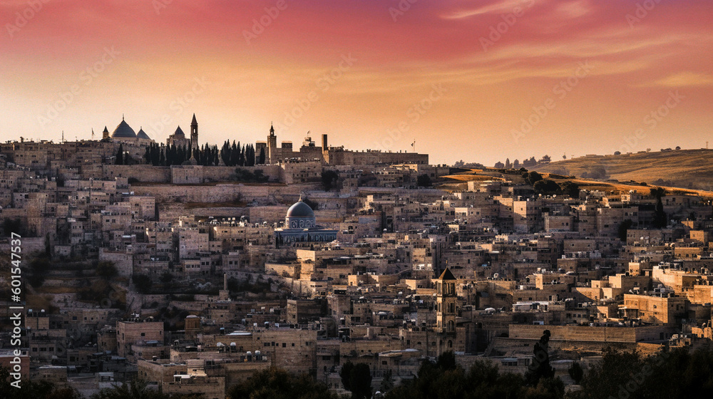 wide view of jerusalem at sunset - generative AI